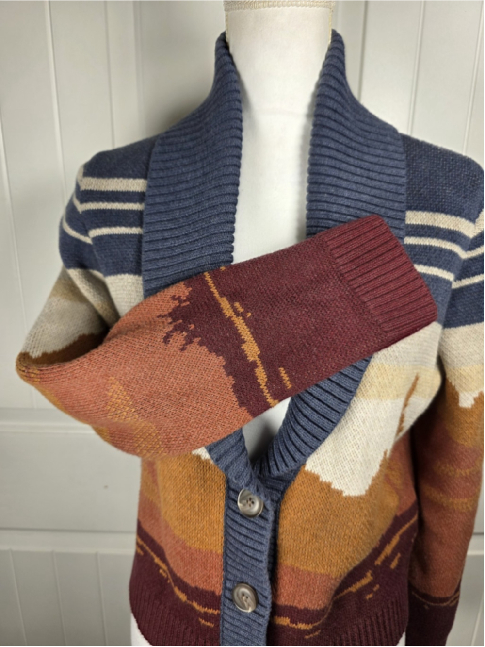 Pendleton Western Scenic Cardigan Women S Cowboy Horse Blue Rust Cotton Sweater - Picture 9 of 14